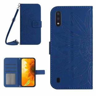 For Samsung Galaxy A01 Skin Feel Sun Flower Pattern Flip Leather Phone Case with Lanyard(Dark Blue)