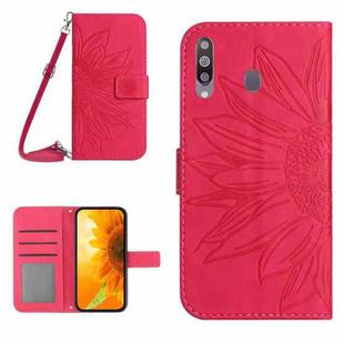 For Samsung Galaxy A20S Skin Feel Sun Flower Pattern Flip Leather Phone Case with Lanyard(Rose Red)