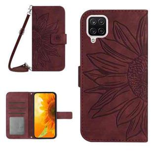 For Samsung Galaxy A22 4G Skin Feel Sun Flower Pattern Flip Leather Phone Case with Lanyard(Wine Red)