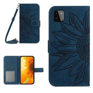 For Samsung Galaxy A22 5G Skin Feel Sun Flower Pattern Flip Leather Phone Case with Lanyard(Inky Blue)