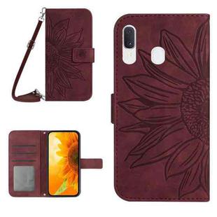 For Samsung Galaxy A40 Skin Feel Sun Flower Pattern Flip Leather Phone Case with Lanyard(Wine Red)