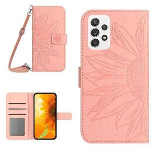 For Samsung Galaxy A72 Skin Feel Sun Flower Pattern Flip Leather Phone Case with Lanyard(Pink)