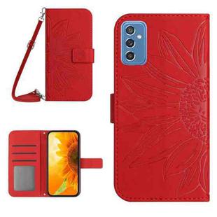 For Samsung Galaxy M52 5G Skin Feel Sun Flower Pattern Flip Leather Phone Case with Lanyard(Red)