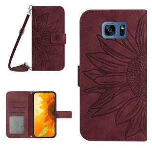 For Samsung Galaxy S7 Edge Skin Feel Sun Flower Pattern Flip Leather Phone Case with Lanyard(Wine Red)