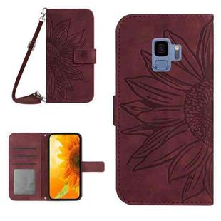 For Samsung Galaxy S9 Skin Feel Sun Flower Pattern Flip Leather Phone Case with Lanyard(Wine Red)