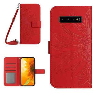 For Samsung Galaxy S10 Skin Feel Sun Flower Pattern Flip Leather Phone Case with Lanyard(Red)