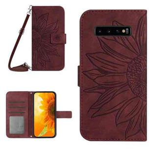 For Samsung Galaxy S10+ Skin Feel Sun Flower Pattern Flip Leather Phone Case with Lanyard(Wine Red)