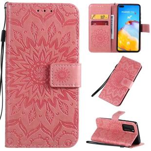 For Huawei P40 Pressed Printing Sunflower Pattern Horizontal Flip PU Leather Case with Holder & Card Slots & Wallet & Lanyard(Pink)