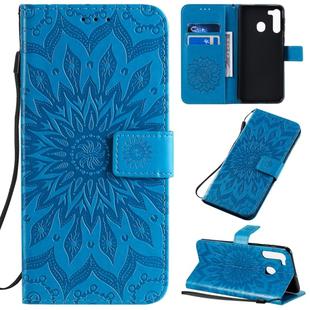 For Galaxy A21 Pressed Printing Sunflower Pattern Horizontal Flip PU Leather Case with Holder & Card Slots & Wallet & Lanyard(Blue)