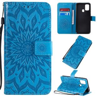 For Galaxy M31 Pressed Printing Sunflower Pattern Horizontal Flip PU Leather Case with Holder & Card Slots & Wallet & Lanyard(Blue)