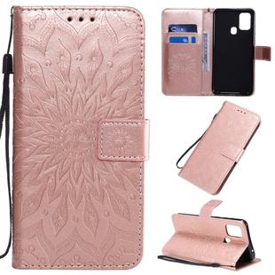 For Galaxy M31 Pressed Printing Sunflower Pattern Horizontal Flip PU Leather Case with Holder & Card Slots & Wallet & Lanyard(Rose Gold)