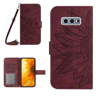 For Samsung Galaxy S10E Skin Feel Sun Flower Pattern Flip Leather Phone Case with Lanyard(Wine Red)