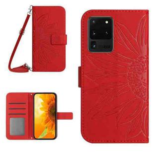 For Samsung Galaxy S20 Ultra Skin Feel Sun Flower Pattern Flip Leather Phone Case with Lanyard(Red)