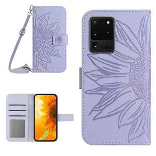 For Samsung Galaxy S20 Ultra Skin Feel Sun Flower Pattern Flip Leather Phone Case with Lanyard(Purple)
