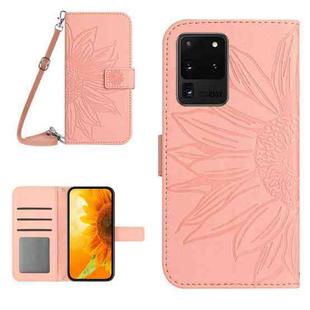 For Samsung Galaxy S20 Ultra Skin Feel Sun Flower Pattern Flip Leather Phone Case with Lanyard(Pink)