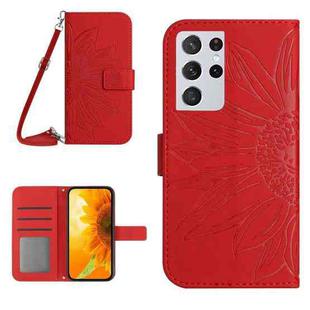For Samsung Galaxy S21 Ultra 5G Skin Feel Sun Flower Pattern Flip Leather Phone Case with Lanyard(Red)