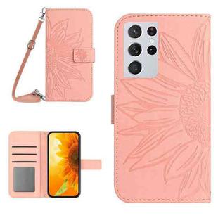 For Samsung Galaxy S21 Ultra 5G Skin Feel Sun Flower Pattern Flip Leather Phone Case with Lanyard(Pink)