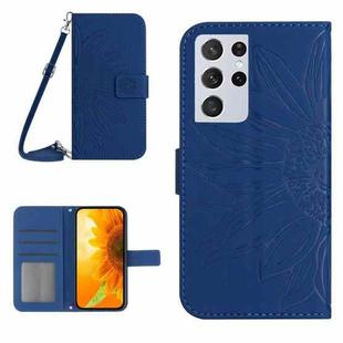 For Samsung Galaxy S21 Ultra 5G Skin Feel Sun Flower Pattern Flip Leather Phone Case with Lanyard(Dark Blue)