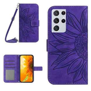 For Samsung Galaxy S21 Ultra 5G Skin Feel Sun Flower Pattern Flip Leather Phone Case with Lanyard(Dark Purple)