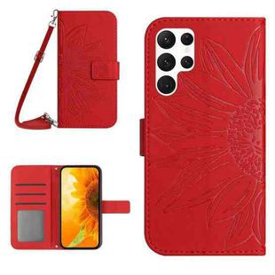 For Samsung Galaxy S22 Ultra 5G Skin Feel Sun Flower Pattern Flip Leather Phone Case with Lanyard(Red)