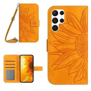 For Samsung Galaxy S22 Ultra 5G Skin Feel Sun Flower Pattern Flip Leather Phone Case with Lanyard(Yellow)