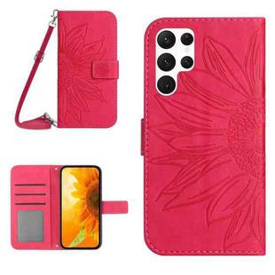 For Samsung Galaxy S22 Ultra 5G Skin Feel Sun Flower Pattern Flip Leather Phone Case with Lanyard(Rose Red)