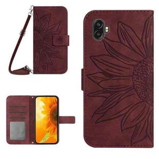 For Samsung Galaxy Xcover6 Pro Skin Feel Sun Flower Pattern Flip Leather Phone Case with Lanyard(Wine Red)