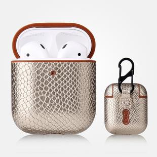 For AirPods 1 & 2 Anti-fall Snakeskin Texture PU Leather Protective Case with Carabiner(Gold)