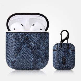 For AirPods 1 & 2 Anti-fall Snakeskin Texture PU Leather Protective Case with Carabiner(Blue)