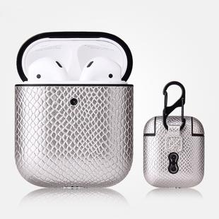 For AirPods 1 & 2 Anti-fall Snakeskin Texture PU Leather Protective Case with Carabiner(Silver)