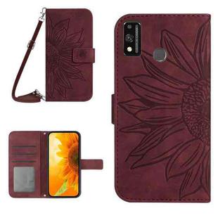 For Honor 9X Lite Skin Feel Sun Flower Pattern Flip Leather Phone Case with Lanyard(Wine Red)