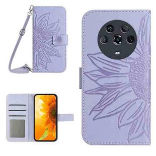 For Honor Magic4 Skin Feel Sun Flower Pattern Flip Leather Phone Case with Lanyard(Purple)