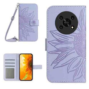 For Honor Magic4 Lite 5G Skin Feel Sun Flower Pattern Flip Leather Phone Case with Lanyard(Purple)