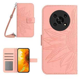 For Honor Magic4 Lite 5G Skin Feel Sun Flower Pattern Flip Leather Phone Case with Lanyard(Pink)