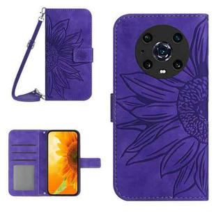 For Honor Magic4 Pro Skin Feel Sun Flower Pattern Flip Leather Phone Case with Lanyard(Dark Purple)