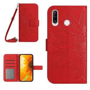 For Huawei P30 Lite Skin Feel Sun Flower Pattern Flip Leather Phone Case with Lanyard(Red)