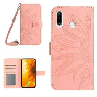 For Huawei P30 Lite Skin Feel Sun Flower Pattern Flip Leather Phone Case with Lanyard(Pink)