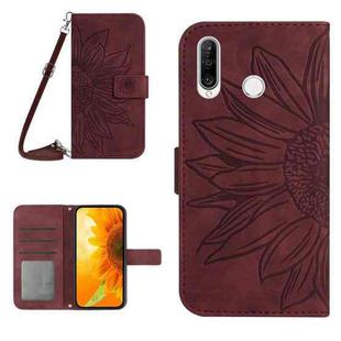 For Huawei P30 Lite Skin Feel Sun Flower Pattern Flip Leather Phone Case with Lanyard(Wine Red)