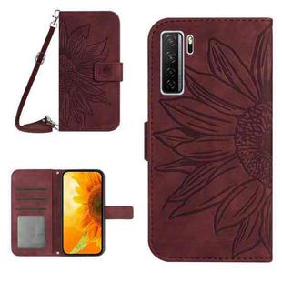 For Huawei P40 Lite 5G Skin Feel Sun Flower Pattern Flip Leather Phone Case with Lanyard(Wine Red)