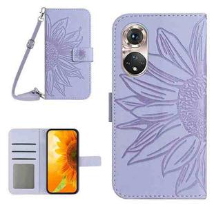 For Huawei P50 Skin Feel Sun Flower Pattern Flip Leather Phone Case with Lanyard(Purple)