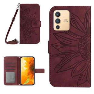 For vivo V23 5G Skin Feel Sun Flower Pattern Flip Leather Phone Case with Lanyard(Wine Red)