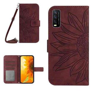 Skin Feel Sun Flower Pattern Flip Leather Phone Case with Lanyard For vivo Y20 2020/Y20s/Y20i/iQOO U1X/Y11S/Y12S/Y30/Y30S(Wine Red)