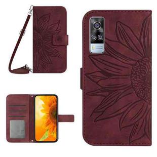 For vivo Y51 2020 India Edition/Y31 Skin Feel Sun Flower Pattern Flip Leather Phone Case with Lanyard(Wine Red)
