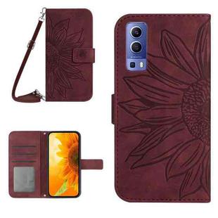 For vivo Y72 5G/iQOO Z3/Y52 5G/Y53S Skin Feel Sun Flower Pattern Flip Leather Phone Case with Lanyard(Wine Red)