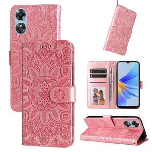 For OPPO A17 Embossed Sunflower Leather Phone Case(Rose Gold)