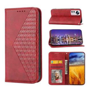 For Xiaomi 12/12X/12S Cubic Grid Calf Texture Magnetic Closure Leather Phone Case(Red)