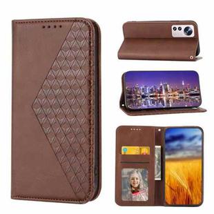 For Xiaomi 12/12X/12S Cubic Grid Calf Texture Magnetic Closure Leather Phone Case(Brown)