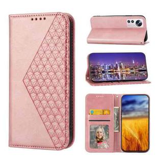 For Xiaomi 12/12X/12S Cubic Grid Calf Texture Magnetic Closure Leather Phone Case(Rose Gold)