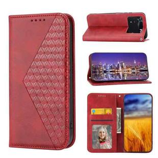 For Xiaomi Poco M4 Pro 4G Global Cubic Grid Calf Texture Magnetic Closure Leather Phone Case(Red)