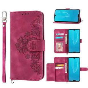 For Sharp Aquos R3 Skin-feel Flowers Embossed Wallet Leather Phone Case(Wine Red)
